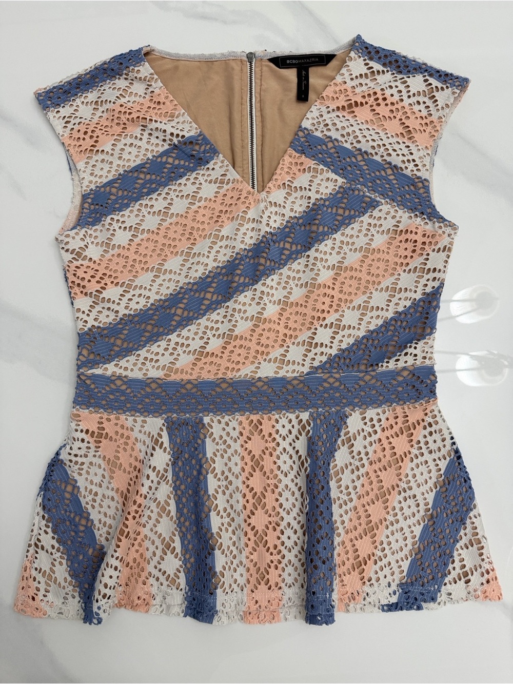 BCBGMaxAzria Peach, Blue & White Lace Peplum Top